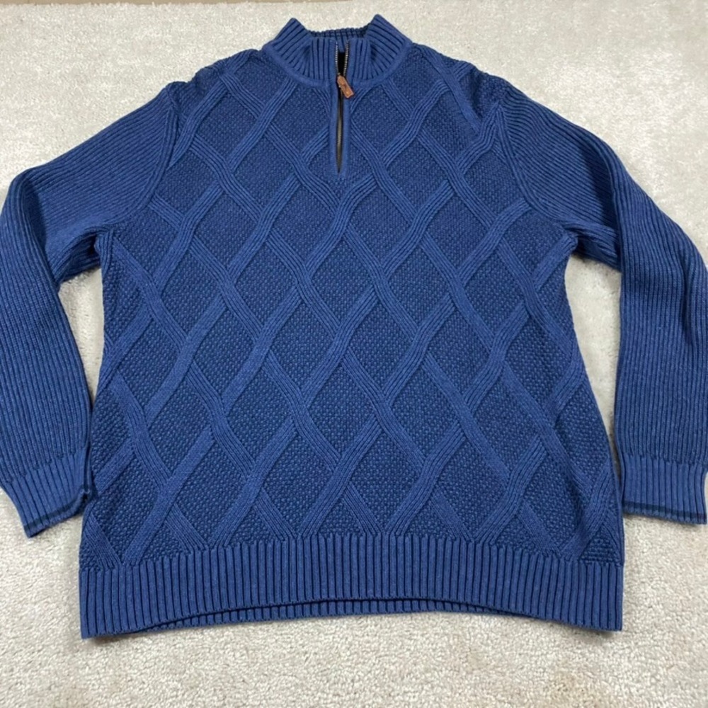 Tommy Bahama Sweater Mens L Blue Diamond Cable Knit Quarter Zip Cotton